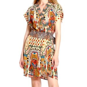 The Korner Women Small Multi Color Aztec Tribal Print Boho Wrap Dress V-Neck